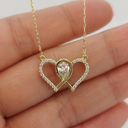 Collier double cœur en diamant, or blanc 14 carats, pendentif cœur délicat et minimaliste, collier pour femme en diamant véritable, cadeau de Saint-Valentin pour elle.