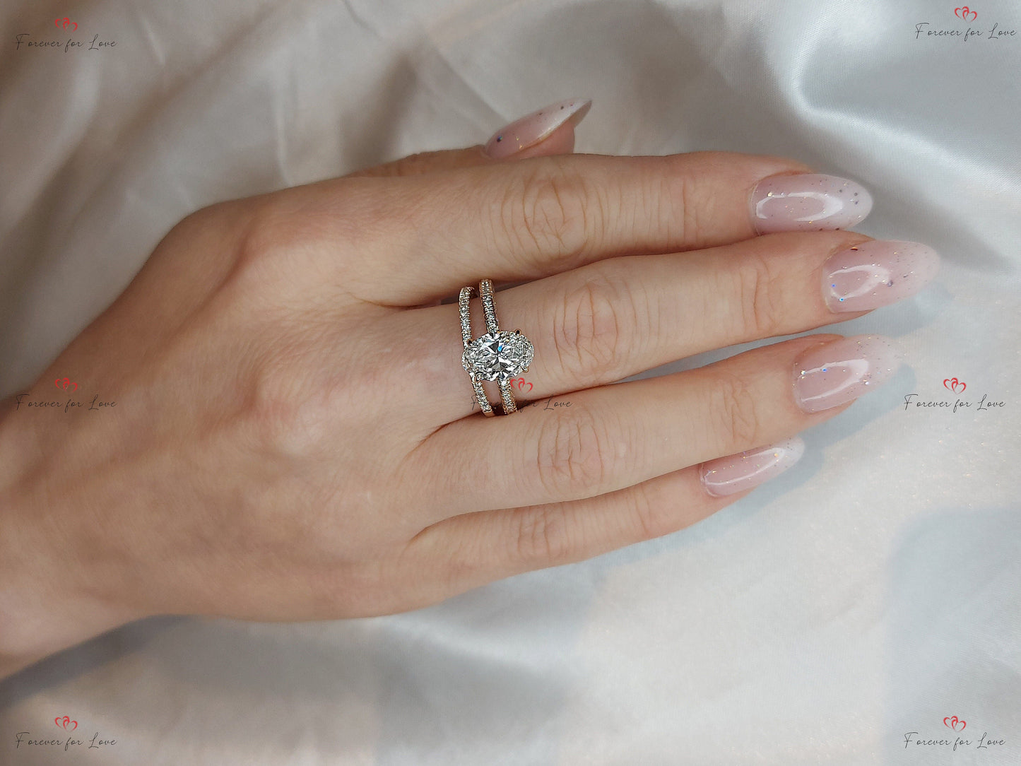 2.5 Ct Oval Lab Diamond Hidden Halo Engagement Ring Oval cut Moissanite Brilliant Cut engagement ring in 935 Argentium Silver — custom handcrafted by Forever For Love