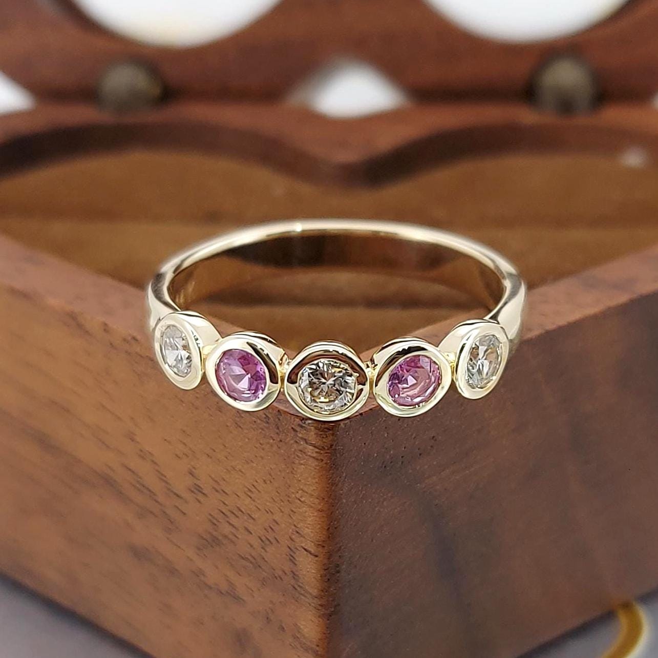 14k Solid Gold Bubble bezel Round Lab Diamond Wedding Band Half Eternity Diamond Engagement Band Diamond and Pink sapphire Alternative Band