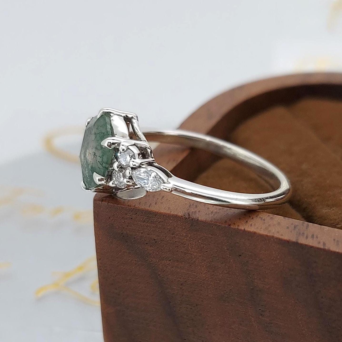 Hexagon Lab Diamond, Moss Agate Engagement Ring Hexagon cut Moissanite engagement ring in Gold or Platinum — custom handcrafted by Forever For Love