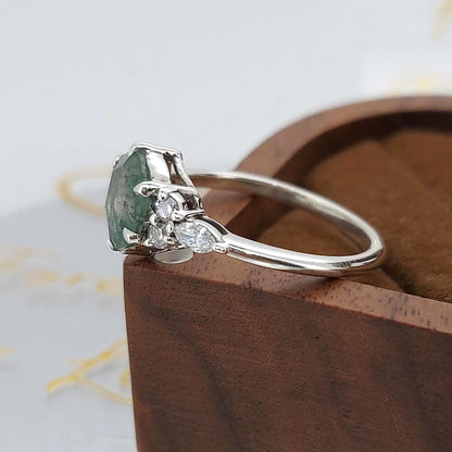 Hexagon Lab Diamond, Moss Agate Engagement Ring