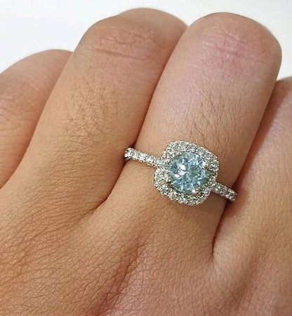 1.25 Ct Round Diamond, Aquamarine Halo Engagement Ring