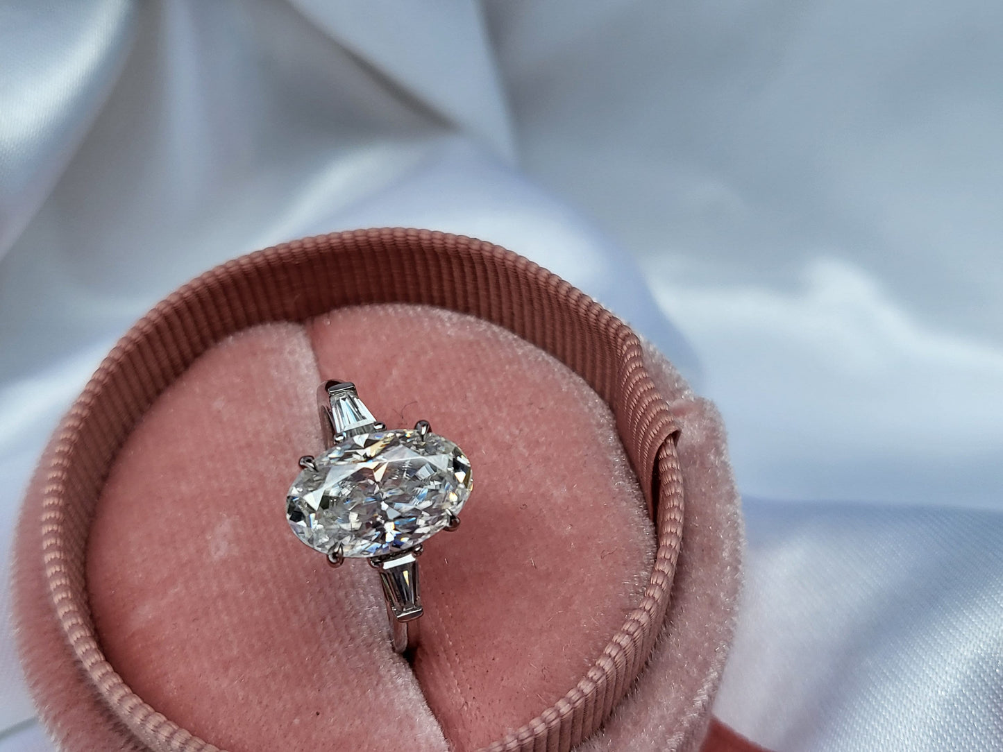 Oval Cut tapered baguette Moissanite Engagement Ring 3CT Moissanite Ring Unique Three-Stone Anniversary Gift Vintage Style Promise Ring. Oval cut Moissanite engagement ring in Gold or Platinum — custom handcrafted by Forever For Love