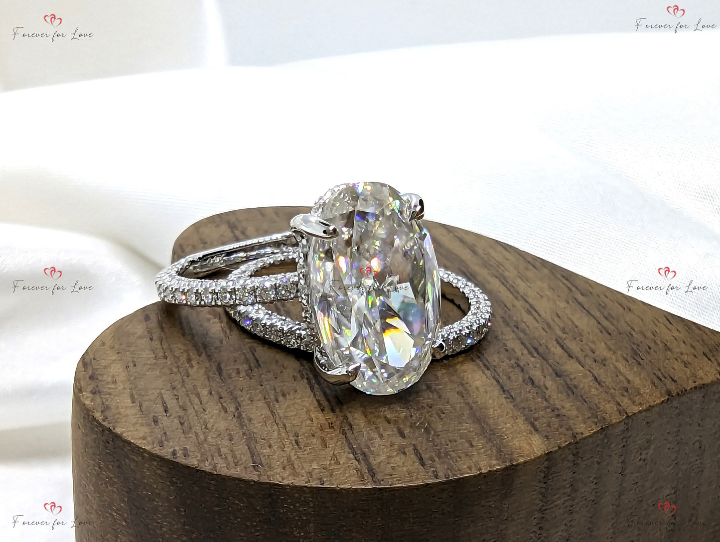 6 Ct Oval Diamond, Moissanite Hidden Halo Engagement Ring Oval cut Moissanite Brilliant Cut engagement ring in 935 Argentium Silver — custom handcrafted by Forever For Love