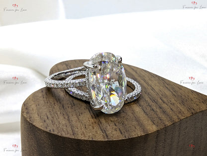 6 Ct Oval Diamond, Moissanite Hidden Halo Engagement Ring