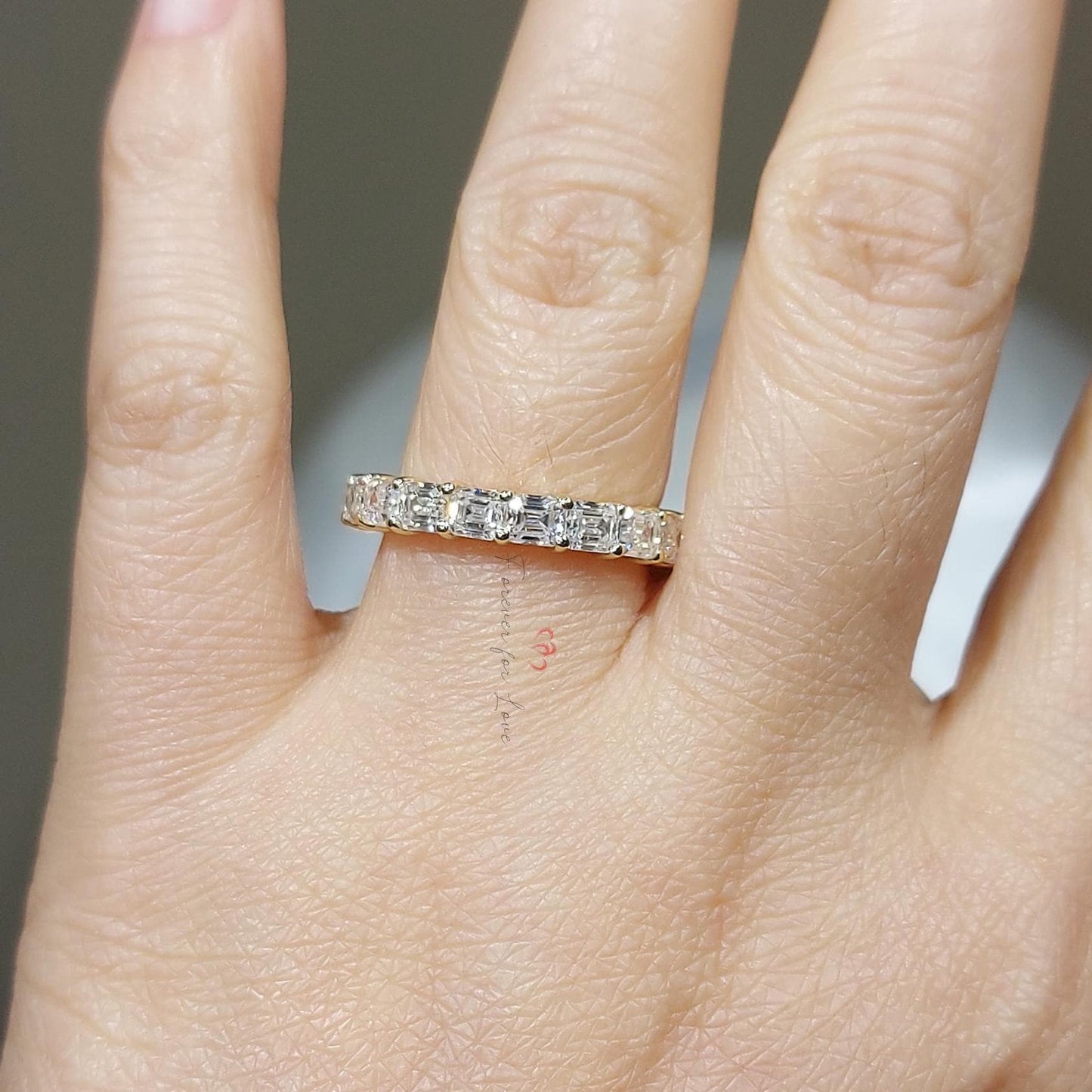 Emerald Cut Lab Diamond Half Eternity Band Emerald cut Moissanite Brilliant Cut engagement ring in 935 Argentium Silver — custom handcrafted by Forever For Love