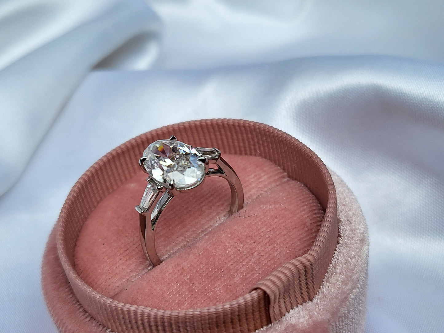 Oval Cut tapered baguette Moissanite Engagement Ring 3CT Moissanite Ring Unique Three-Stone Anniversary Gift Vintage Style Promise Ring. Oval cut Moissanite engagement ring in Gold or Platinum — custom handcrafted by Forever For Love