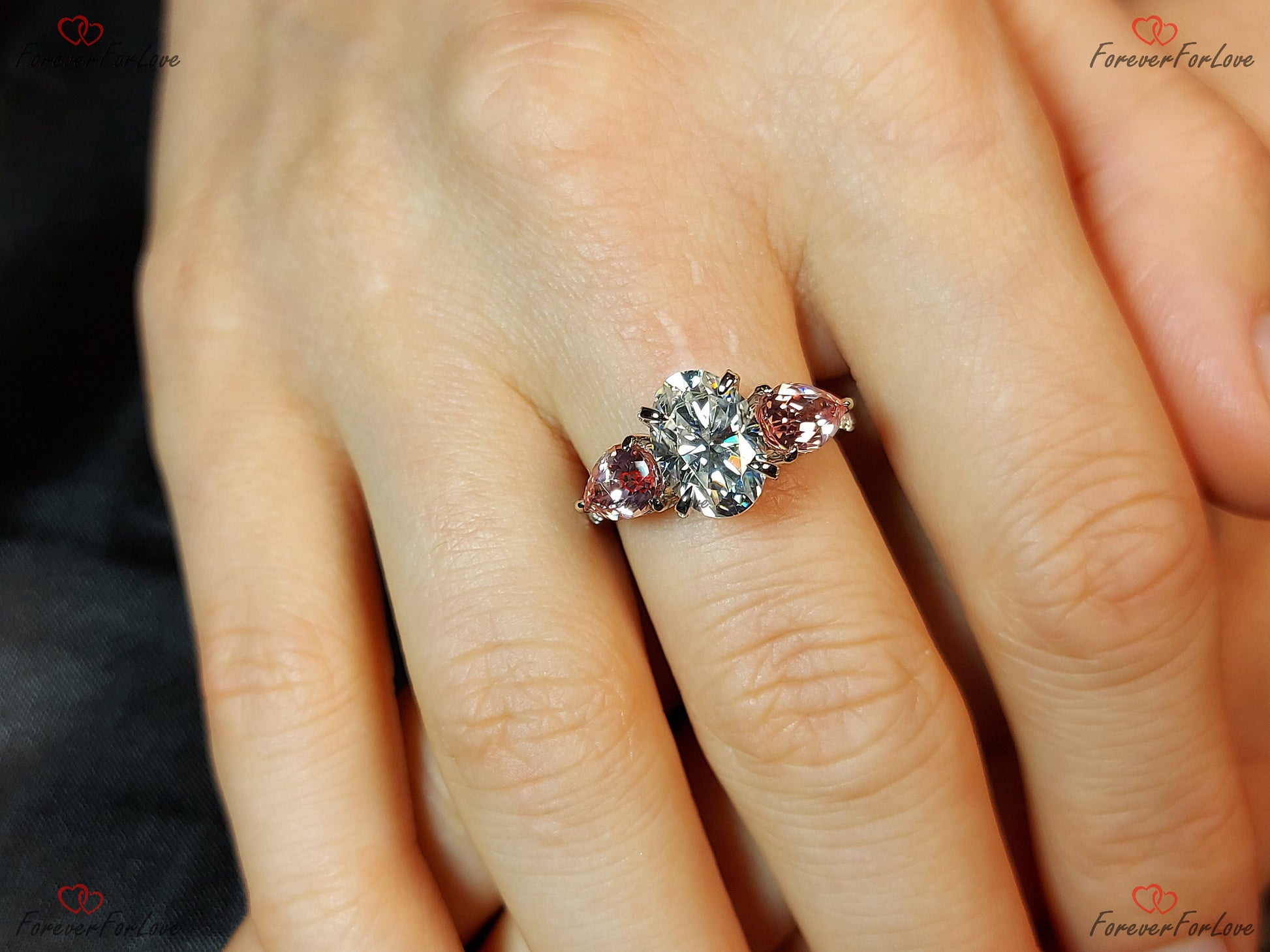2.5 Ct Oval Pink Moissanite, Sapphire Three Stone Engagement Ring