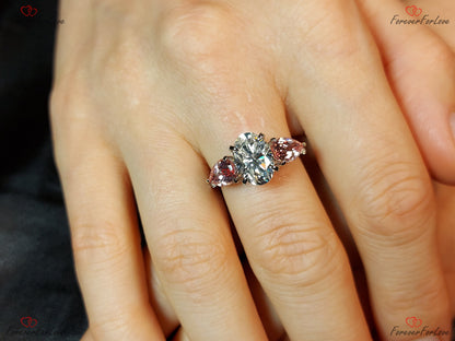 2.5 Ct Oval Pink Moissanite, Sapphire Three Stone Engagement Ring
