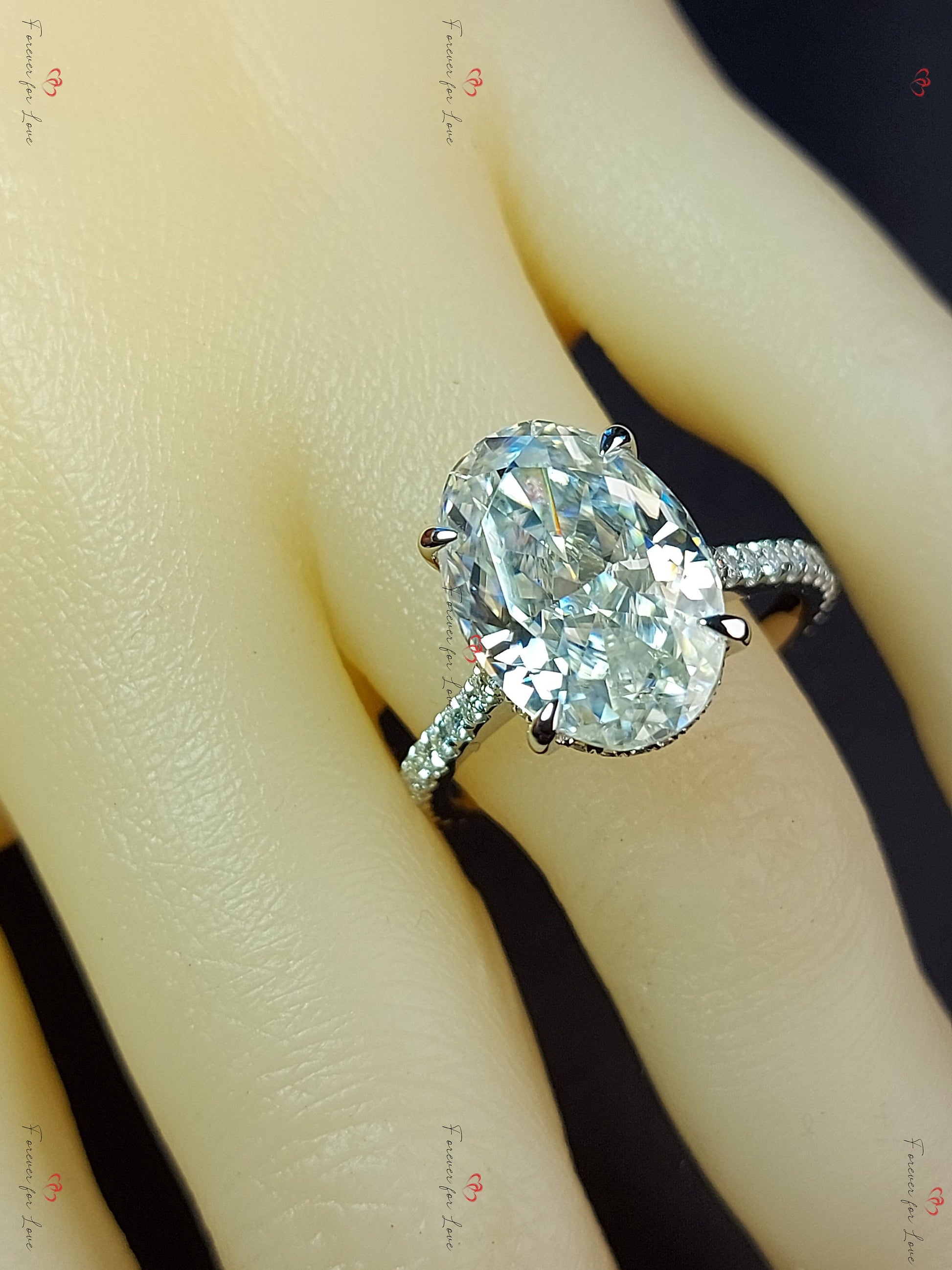 6 Ct Oval Diamond, Moissanite Hidden Halo Engagement Ring