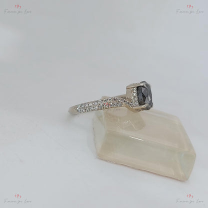 Vintage Oval rose cut salt and pepper Diamond Engagement Ring Solitaire Salt and Pepper Engagement Ring white Gold Proposal Promise Ring.