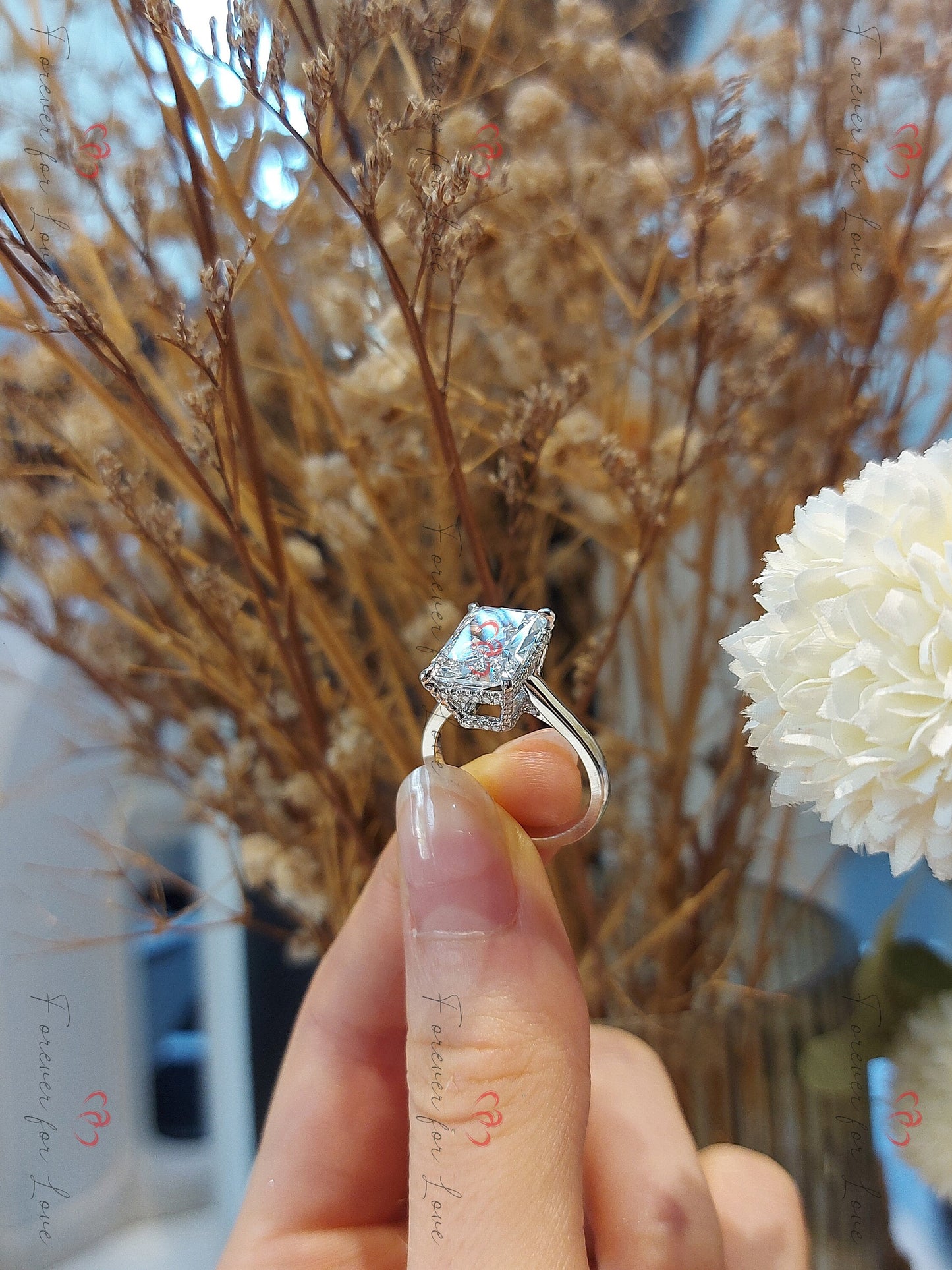 5 Ct IGI Certified Radiant Lab Diamond Hidden Halo Engagement Ring Radiant cut 1Ct Moissanite Brilliant Cut engagement ring in 935 Argentium Silver — custom handcrafted by Forever For Love