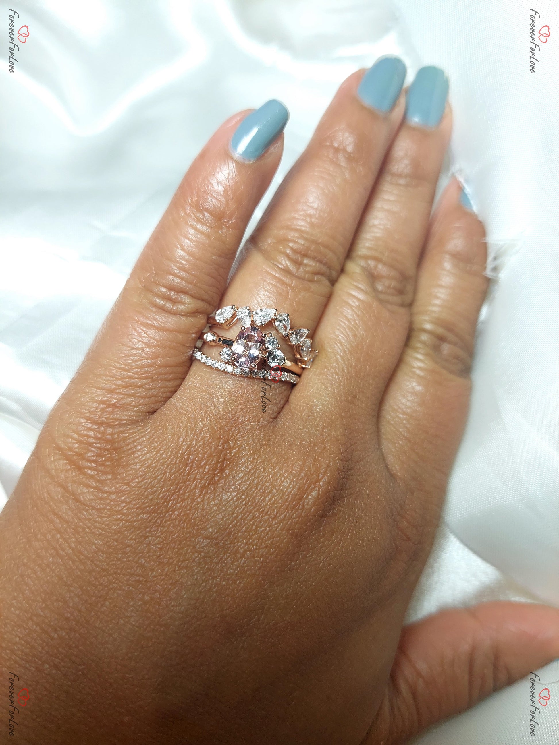 Vintage Morganite Oval 1 Ct/5*7mm/ and Natural Diamond Engagement Wedding set, Rose Gold diamond cluster Bridal Women Ring Anniversary Gift.