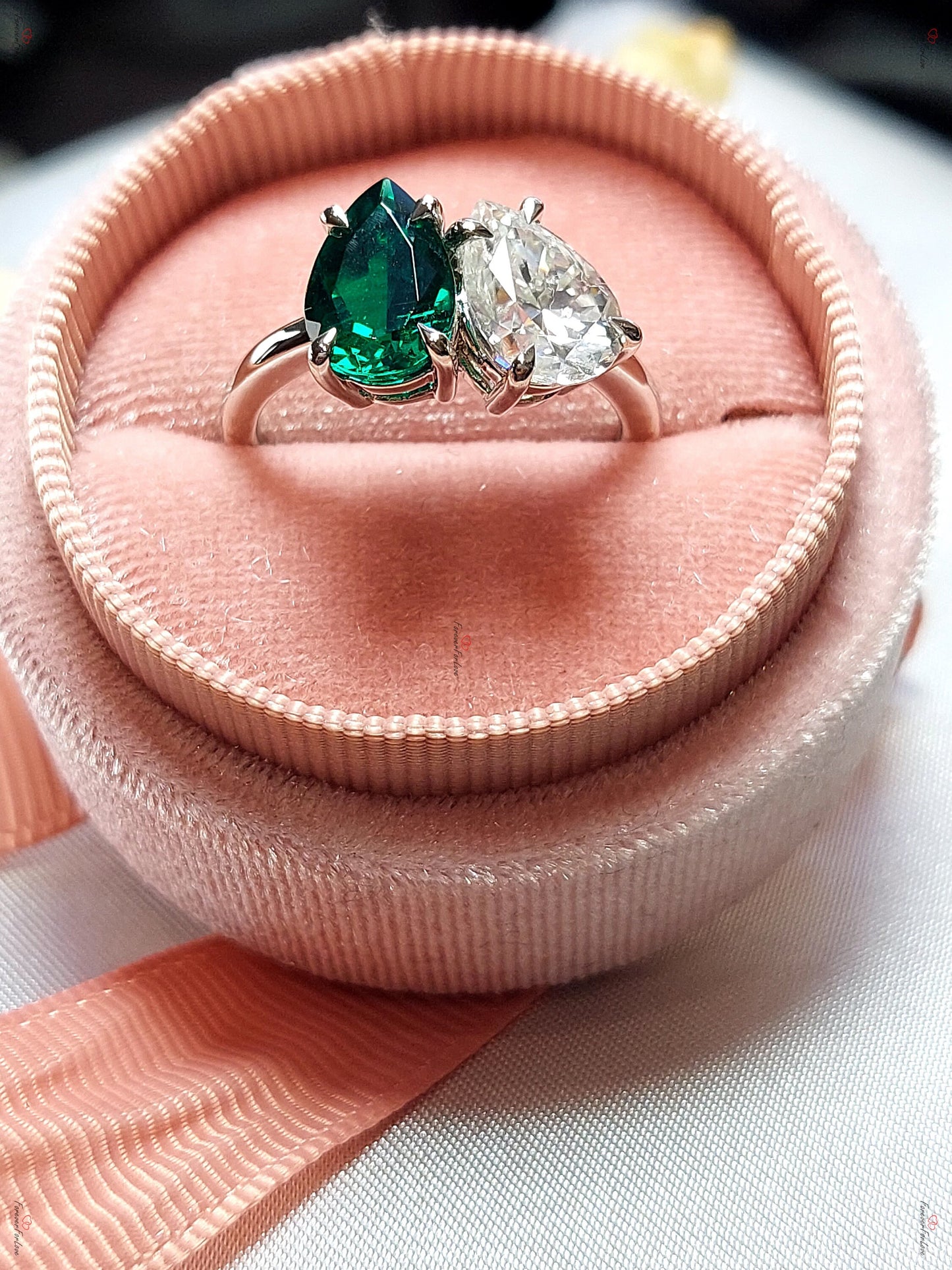 Pear Lab Diamond & Emerald Toi et Moi Ring Pear cut Moissanite engagement ring in Gold or Platinum — custom handcrafted by Forever For Love