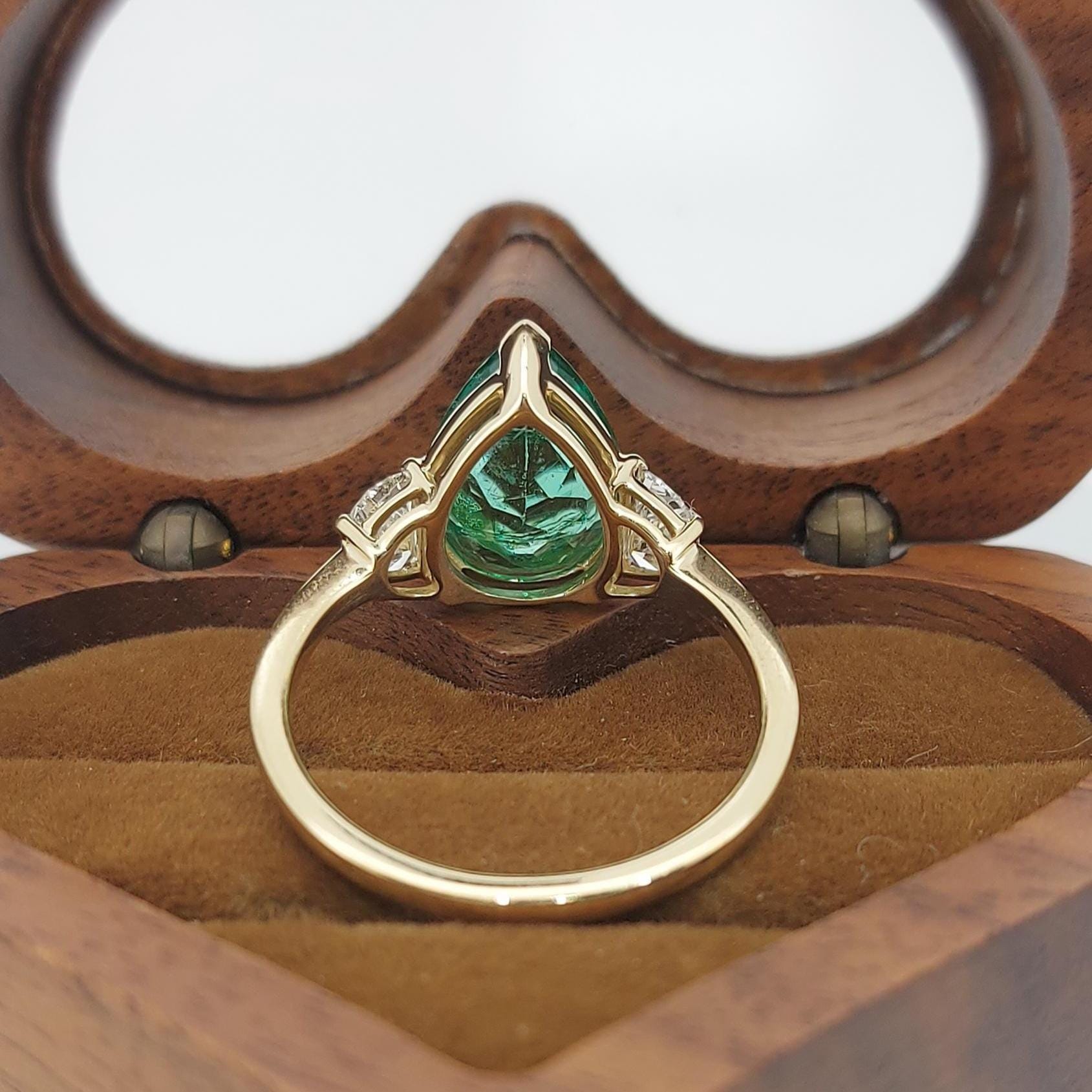 Pear Diamond, Emerald, Moonstone Engagement Ring
