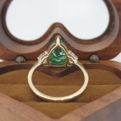 Pear Diamond, Emerald, Moonstone Engagement Ring