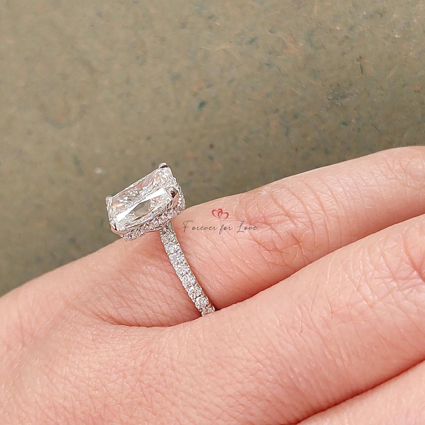 2 Ct IGI Certified Radiant Lab Diamond Hidden Halo Engagement Ring Radiant cut 1Ct Moissanite Brilliant Cut engagement ring in 935 Argentium Silver — custom handcrafted by Forever For Love