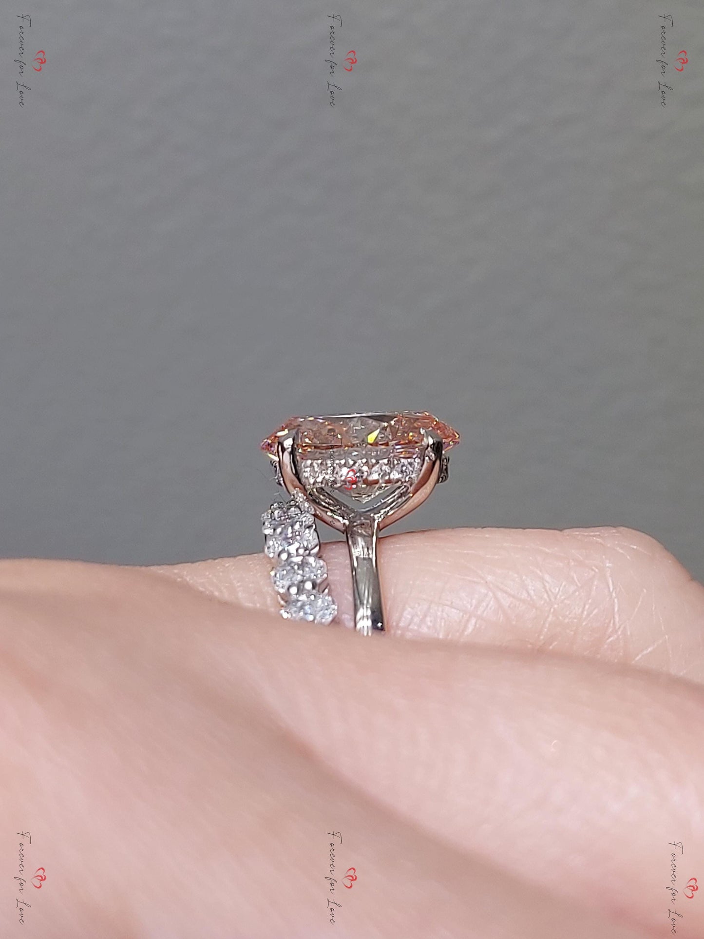 Parure de mariage 3 carats en diamant de laboratoire ovale rose Oval cut Moissanite taille brillant engagement ring in Gold or Platinum — custom handcrafted by Forever For Love