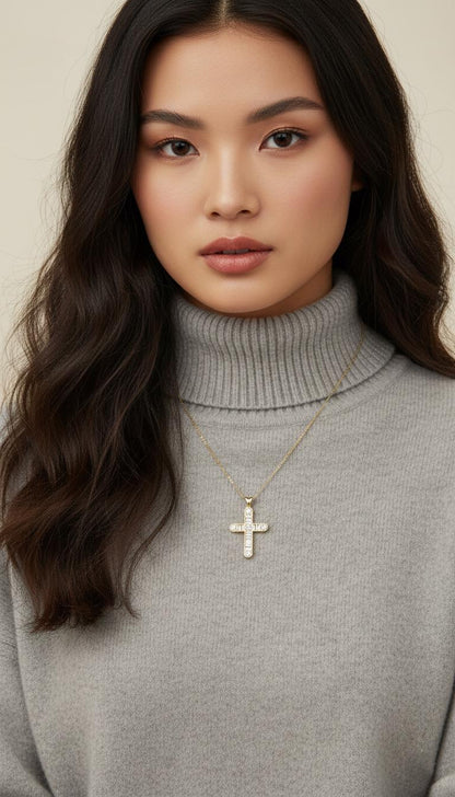 14 Karat Massivgold Baguette- und Rundkreuz-Halskette für Damen, anpassbarer Kreuzanhänger, religiöser Schmuck, christlicher Glaubensanhänger, Geschenk