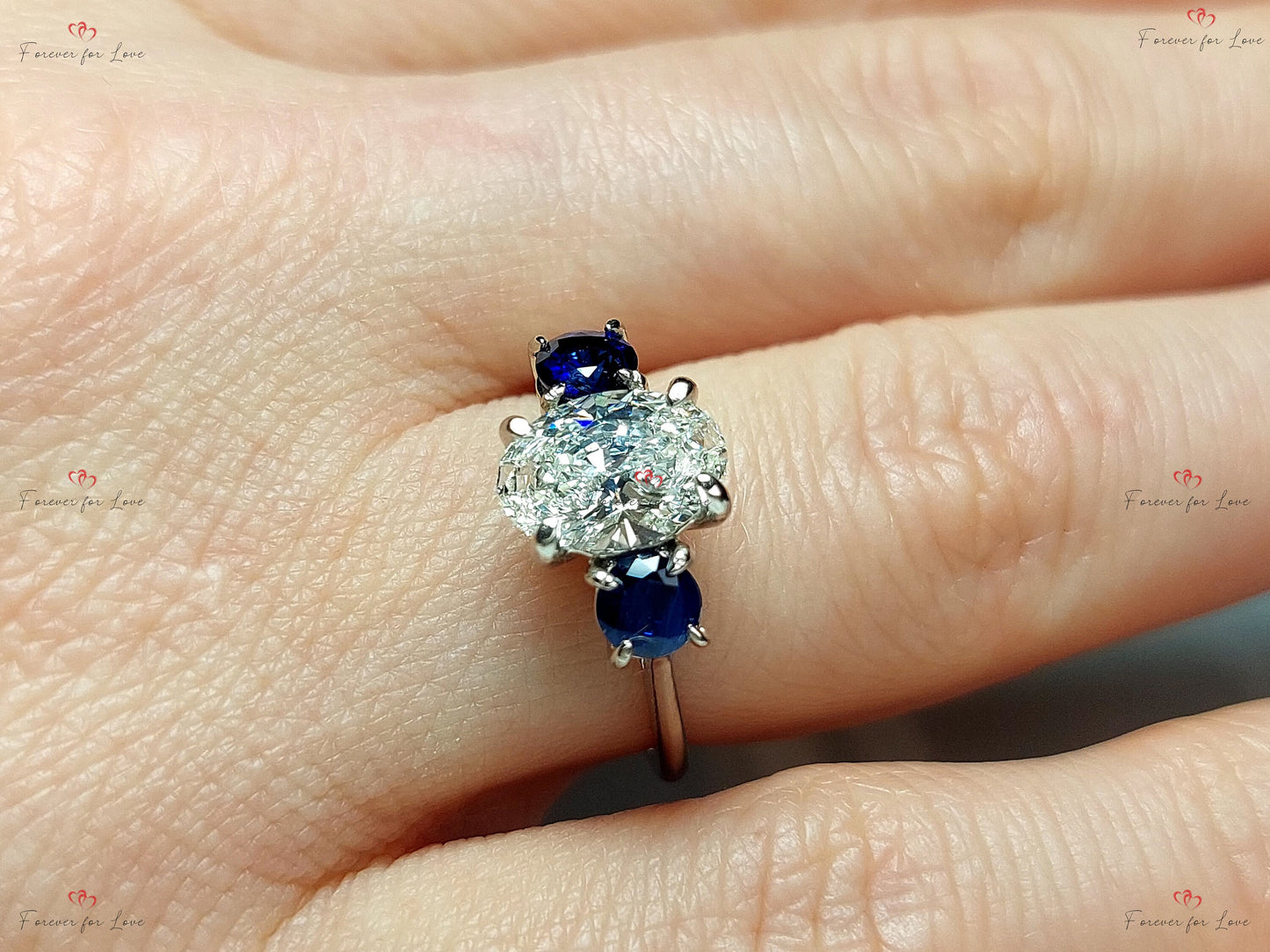 2 Ct Oval Sapphire & Diamond Engagement Ring Oval cut 1Ct Natural Sapphire engagement ring in 935 Argentium Silver — custom handcrafted by Forever For Love