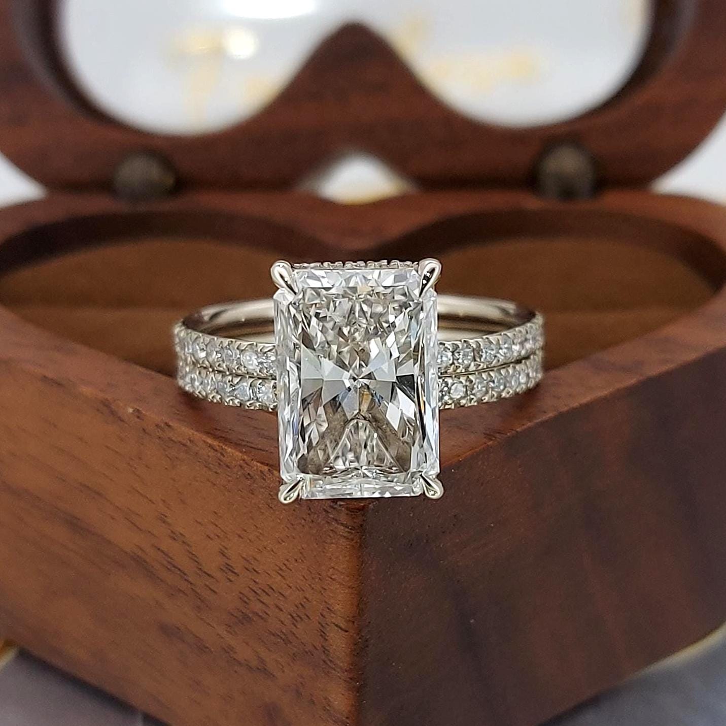 5 Ct IGI Certified Radiant Lab Diamond Halo Ring Radiant cut Moissanite Brilliant Cut engagement ring in 935 Argentium Silver — custom handcrafted by Forever For Love