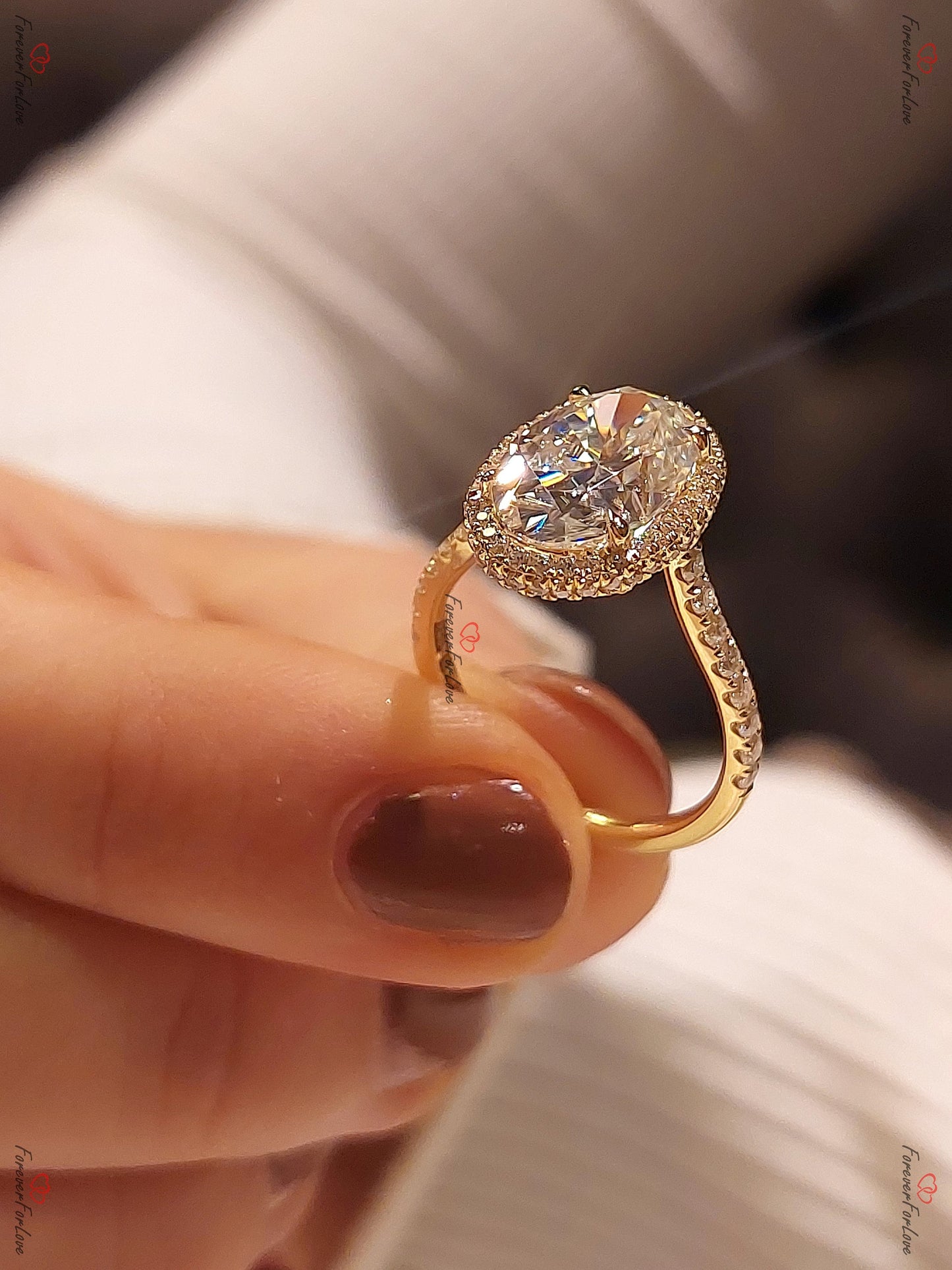 4 Ct Oval Moissanite Halo Ring with Eternity Band Oval cut 1Ct Moissanite Brilliant Cut engagement ring in 935 Argentium Silver — custom handcrafted by Forever For Love