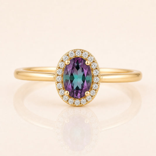 Alexandrite Oval Halo Birthstone Ring