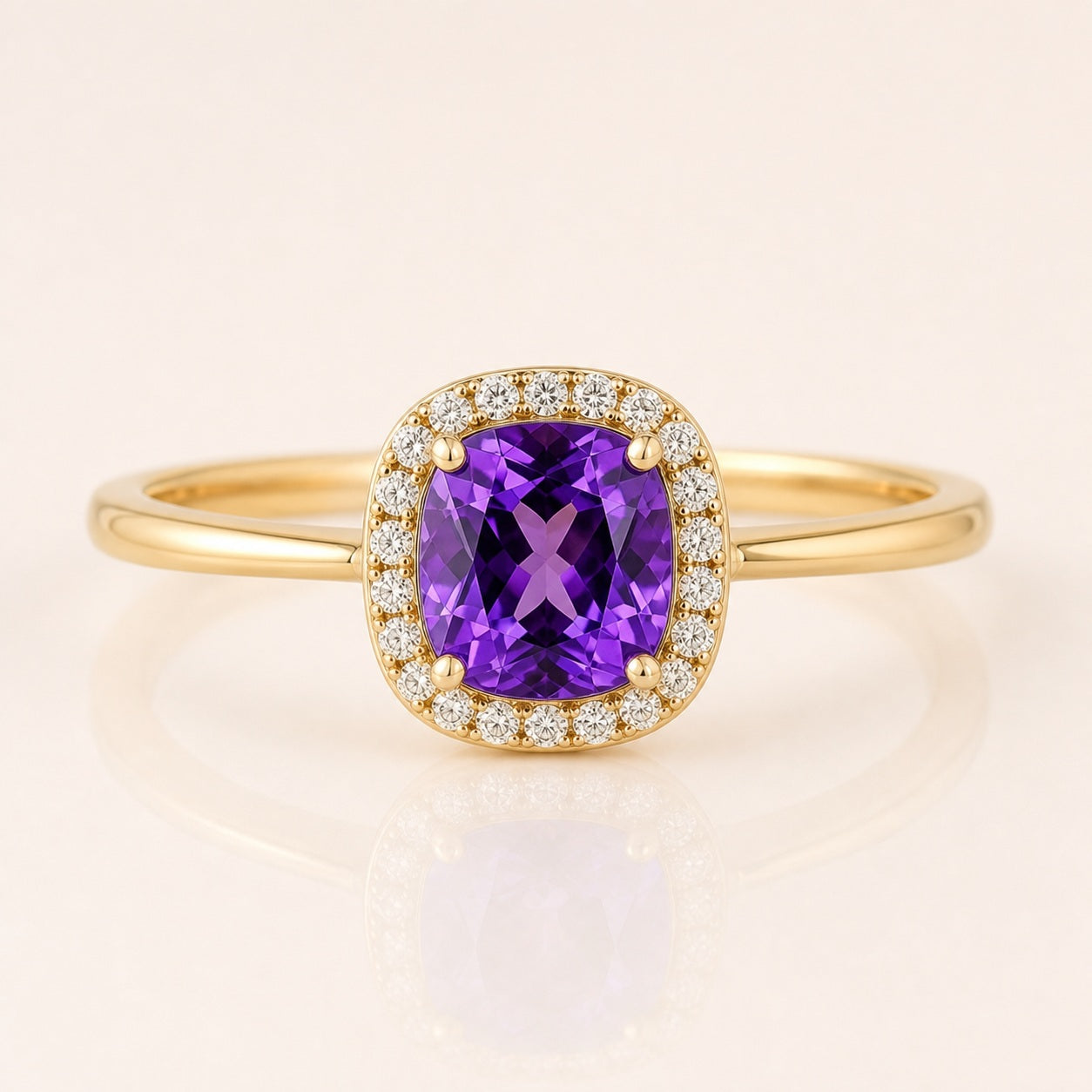 Amethyst Cushion Halo Birthstone Ring