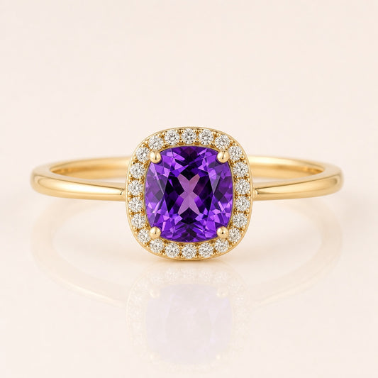 Amethyst Cushion Halo Birthstone Ring