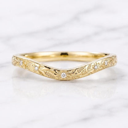 Floral Chevron Diamond Wedding Band, V Shaped Ring, Lab Diamond, Dainty Stacking Ring, Minimalist Floral Wedding Band, Gift for Her