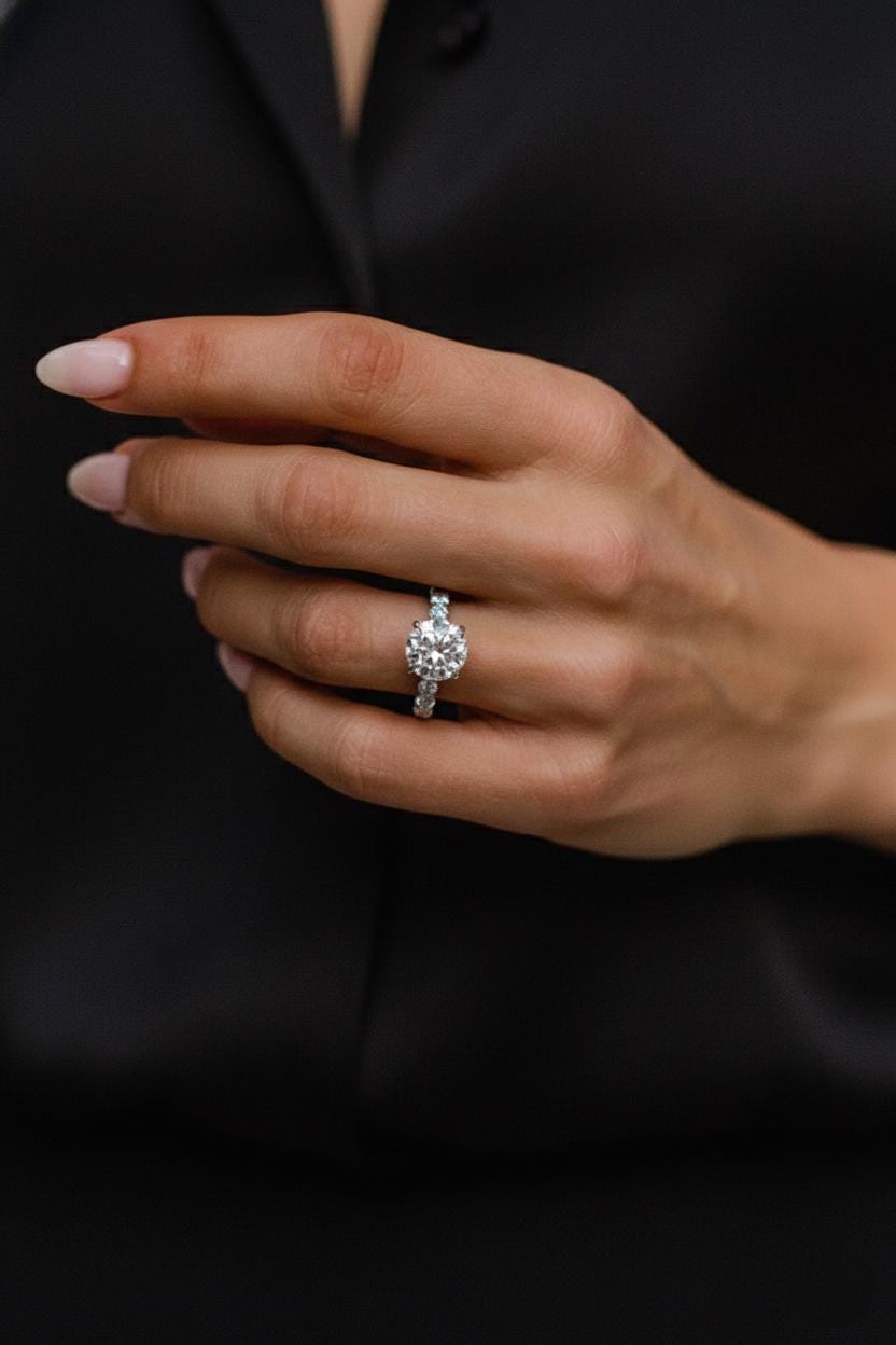 Verlobungsring mit rundem 5,2 Karat IGI-zertifiziertem Labor-Diamanten Round cut Moissanite engagement ring in 935 Argentium Silber — custom handcrafted by Forever For Love
