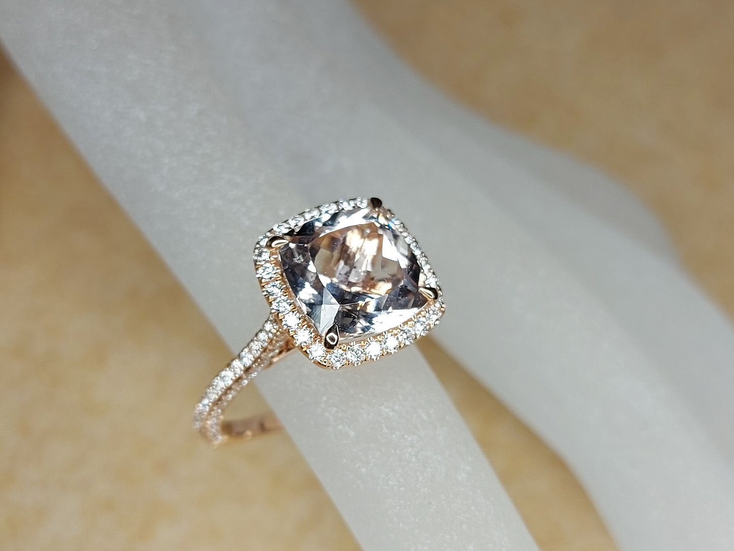 Cushion Cut Halo 4 Ct Morganite and Natural Diamond Engagement Ring, Solid Rose Gold Bridal Women Ring Anniversary Gift. Cushion cut Moissanite engagement ring in Gold or Platinum — custom handcrafted by Forever For Love