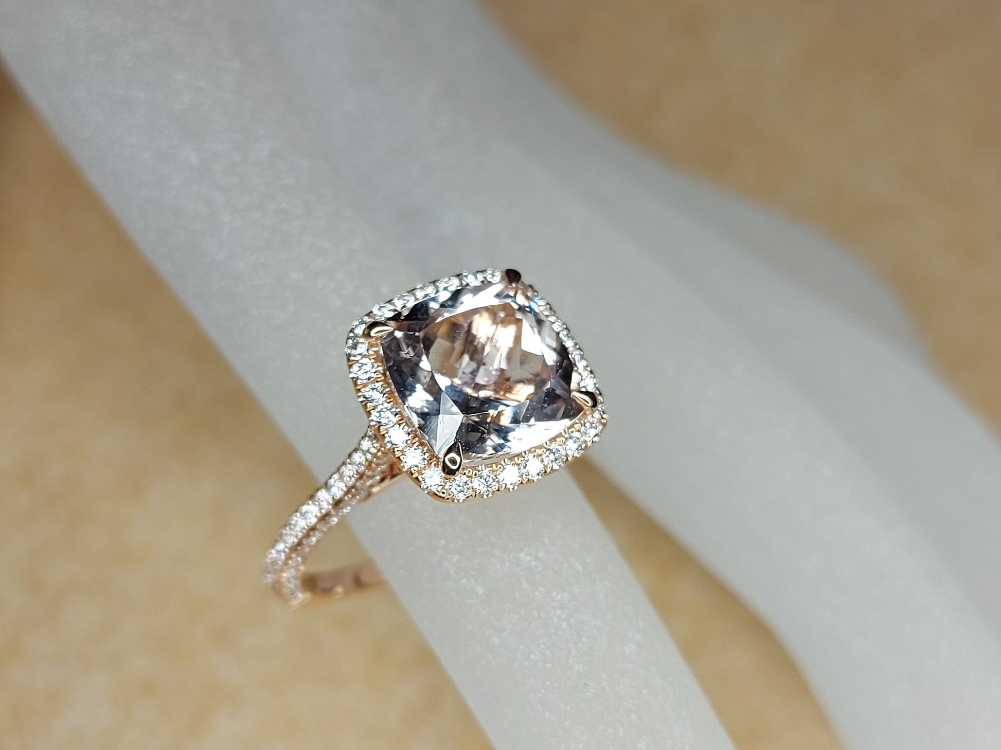 Cushion Cut Halo 4 Ct Morganite and Natural Diamond Engagement Ring, Solid Rose Gold Bridal Women Ring Anniversary Gift.
