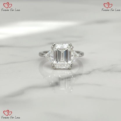6ct E Color VVS2 Clarity IGI Certified Three Stone Emerald Cut Lab Created Diamond Engagement Ring, 18k White Gold, Side Trillion Cuts