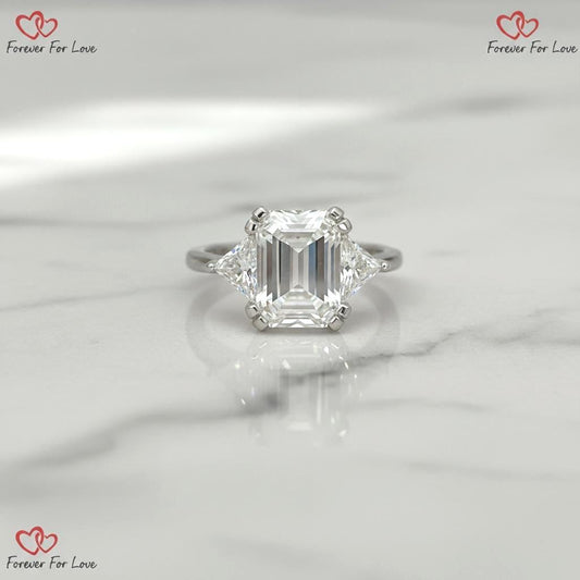 6ct E Color VVS2 Clarity IGI Certified Three Stone Emerald Cut Lab Created Diamond Engagement Ring, 18k White Gold, Side Trillion Cuts