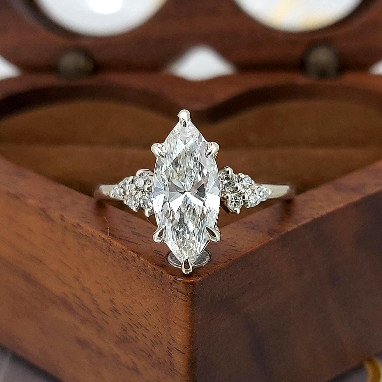1.5 Ct IGI Certified Marquise Lab Diamond Vintage Engagement Ring Marquise cut 1Ct Moissanite Brilliant Cut engagement ring in 935 Argentium Silver — custom handcrafted by Forever For Love