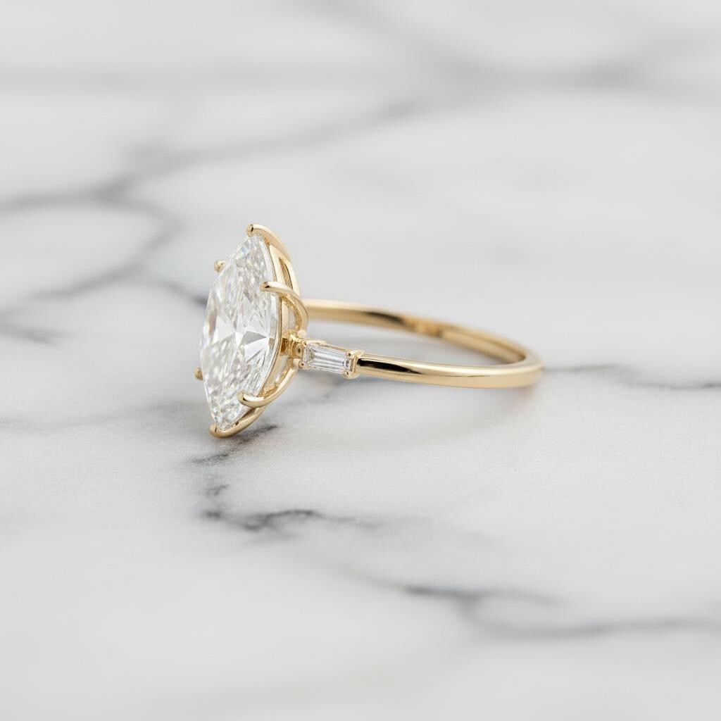 3.5 Ct IGI Certified Baguette Lab Diamond Engagement Ring Baguette cut 1Ct Moissanite Brilliant Cut engagement ring in 935 Argentium Silver — custom handcrafted by Forever For Love
