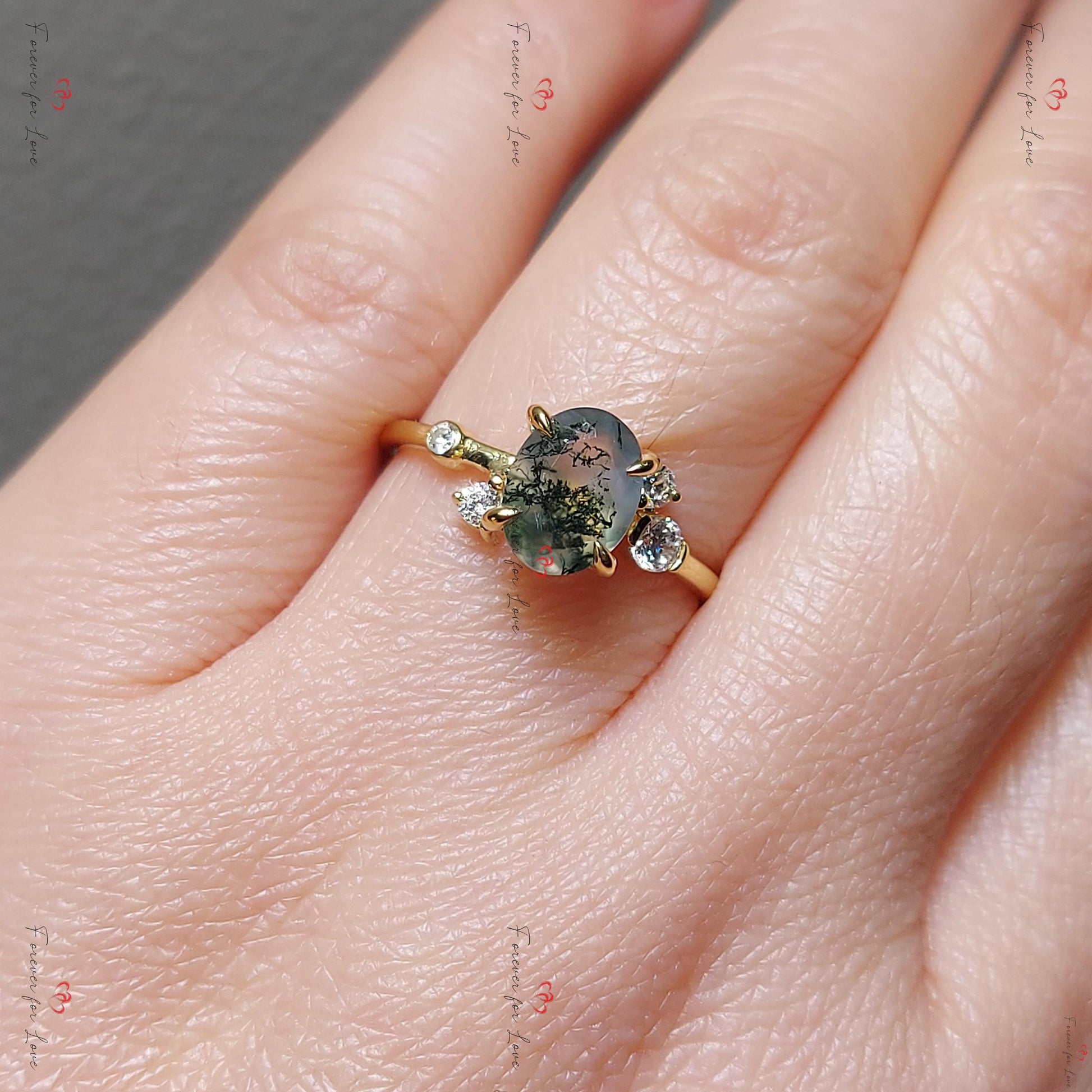 Oval Diamond, Moss Agate Engagement Ring