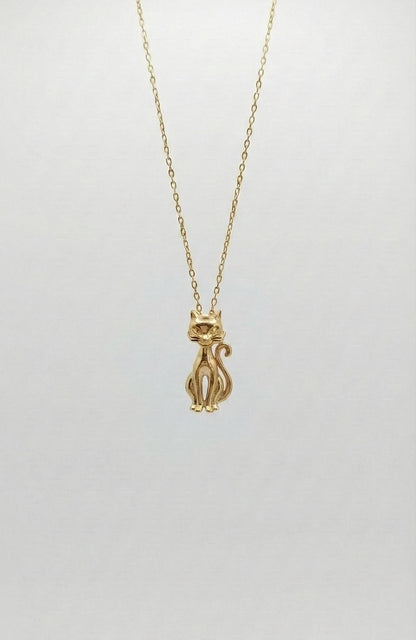 Massive Goldkatzenhalskette, 14k Gelbgold, zierlicher minimalistischer Katzenanhänger, zierliche Damenhalskette, besonderes Geschenk für sie.