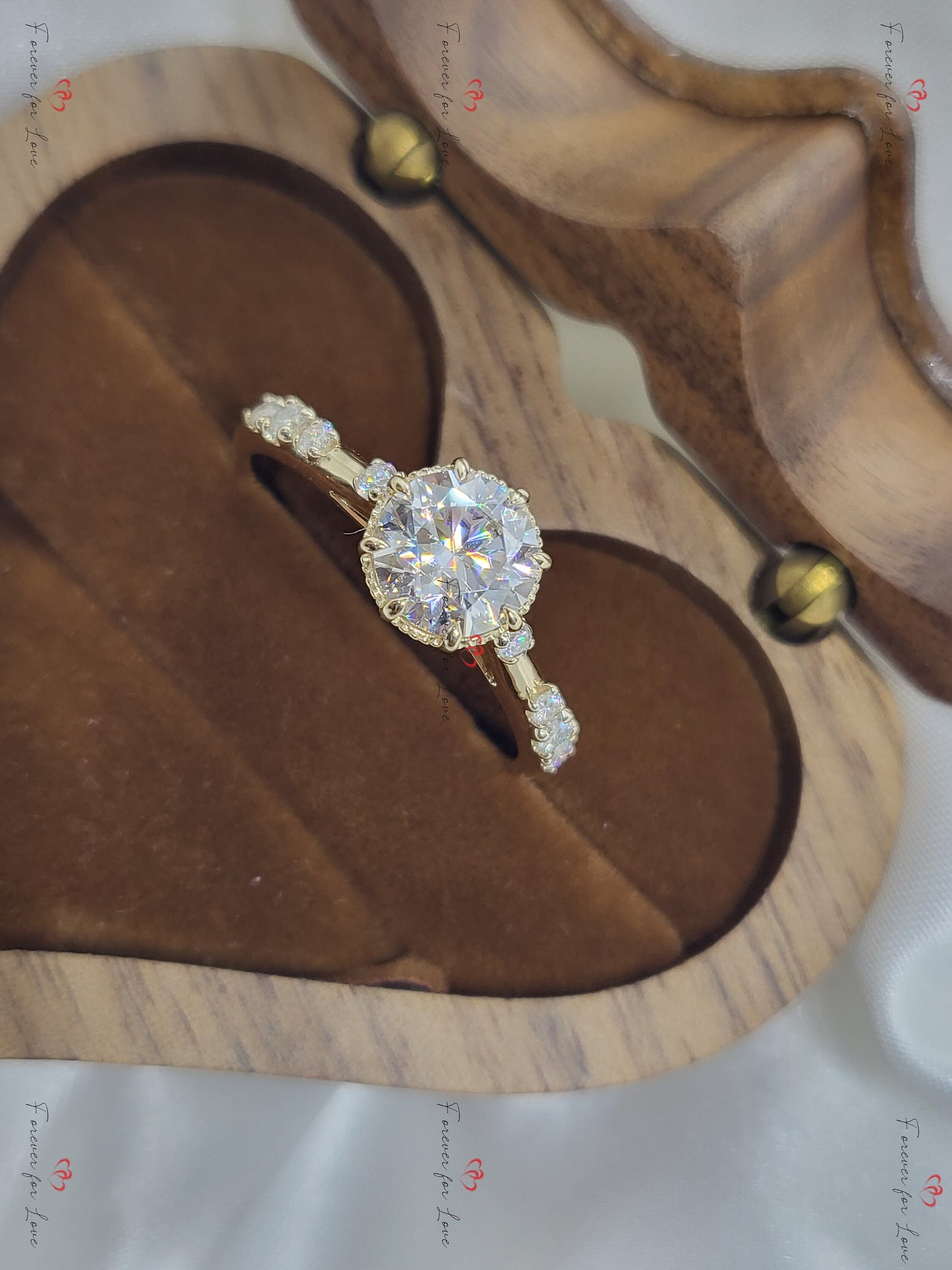 1 Ct Vintage Round Lab Diamond Cluster Ring Round cut Moissanite engagement ring in Gold or Platinum — custom handcrafted by Forever For Love