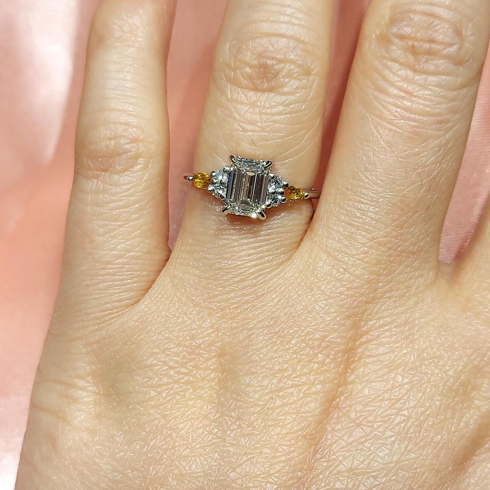 Emerald Diamond Three Stone Engagement Ring