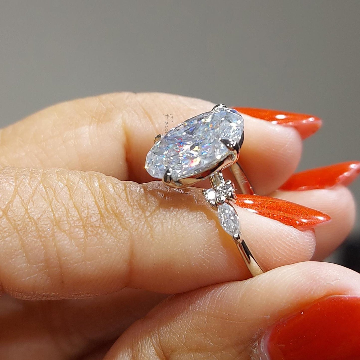 3.5 Ct Oval Moissanite Art Deco Cluster Engagement Ring Oval cut Moissanite engagement ring in Gold or Platinum — custom handcrafted by Forever For Love