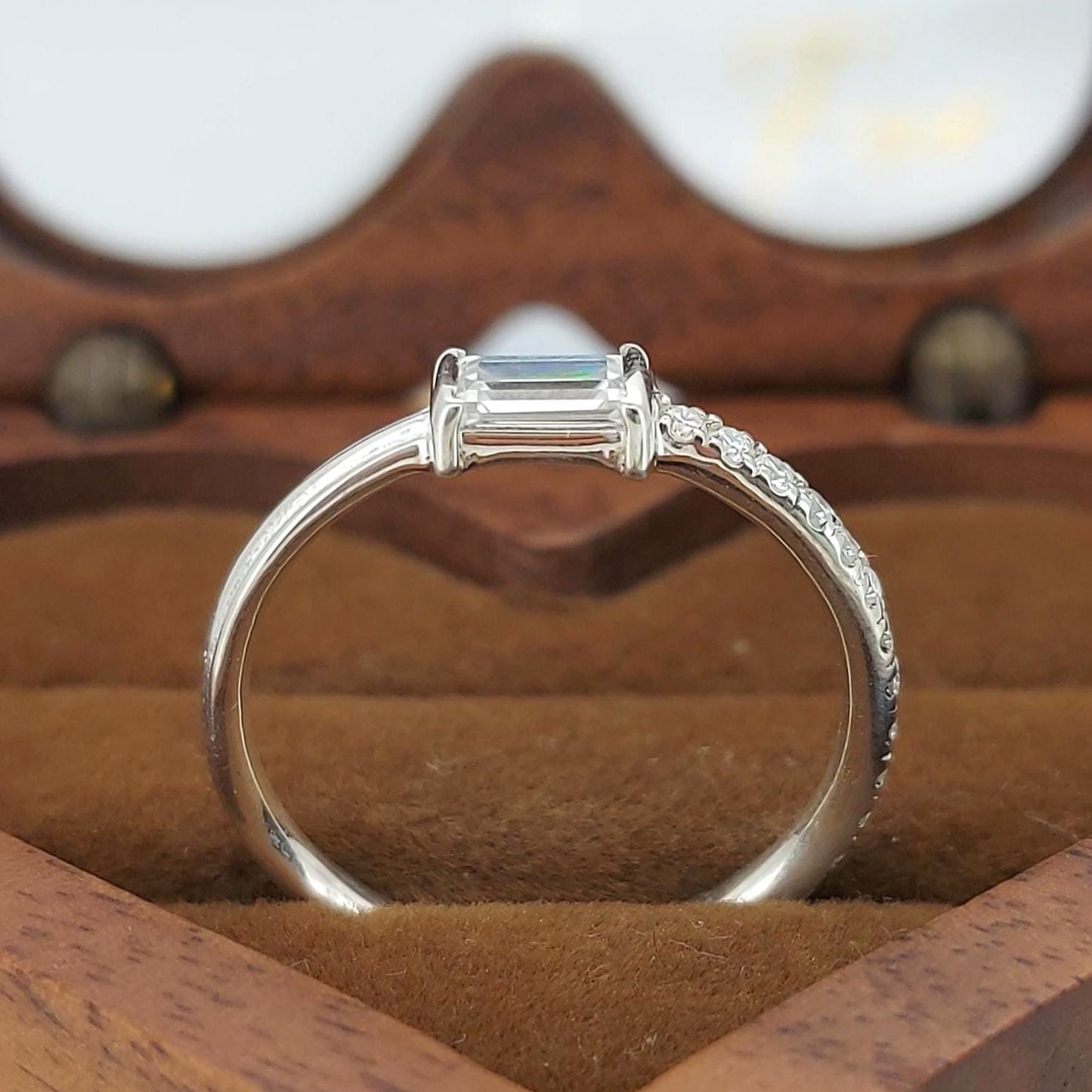 Baguette Lab Diamond Stacking Ring Baguette cut Moissanite Brilliant Cut engagement ring in 935 Argentium Silver — custom handcrafted by Forever For Love