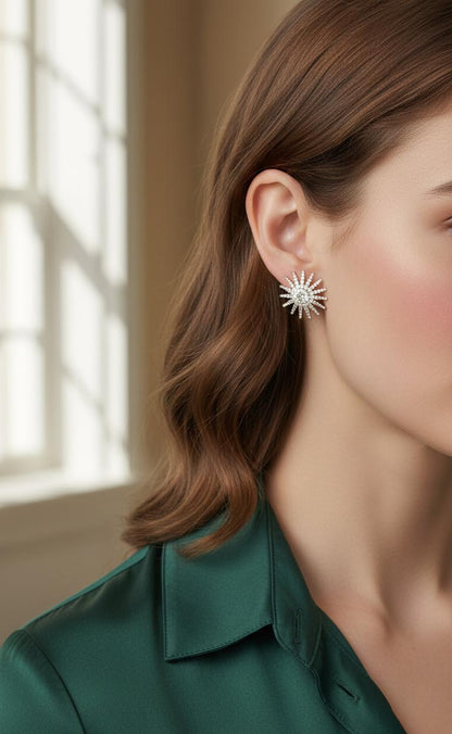 Boucles d'oreilles clous Starburst, boucles d'oreilles rondes en diamant de laboratoire pour femmes, boucles d'oreilles de mariage style floral, cadeau parfait pour elle.