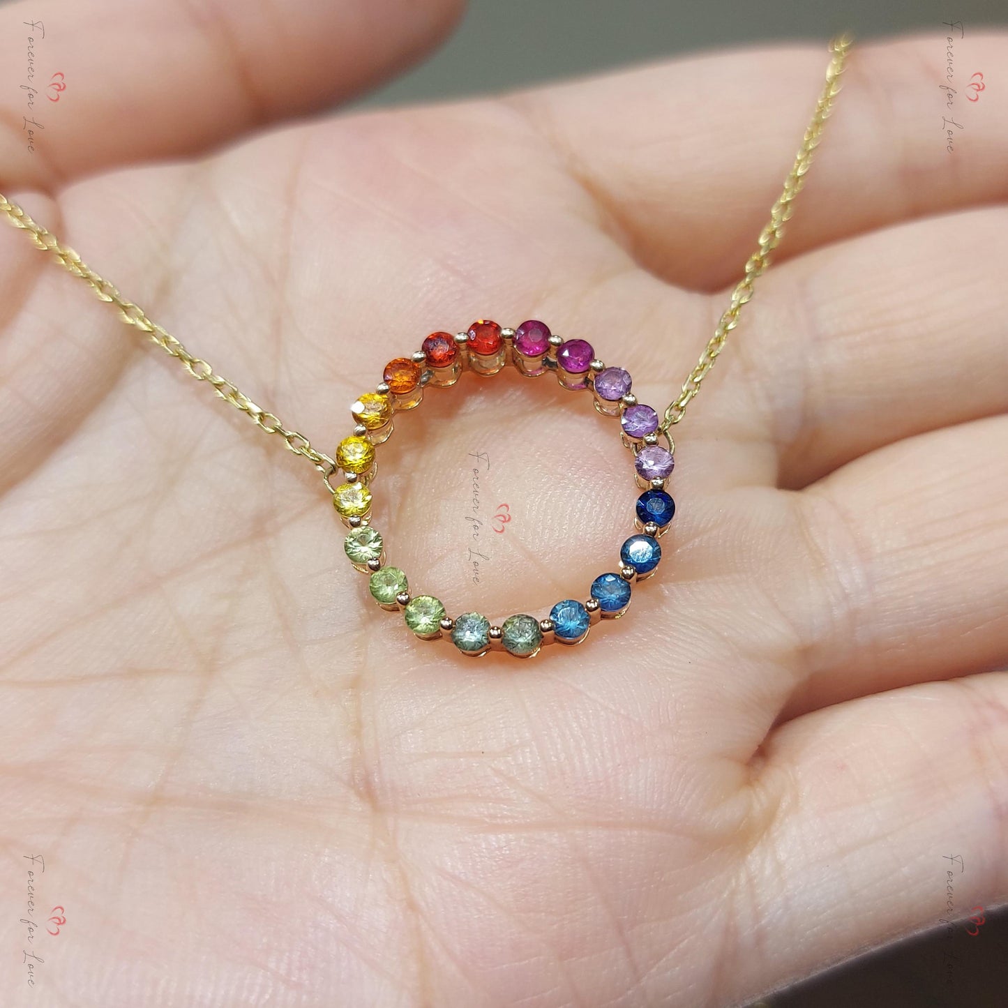 14k Rose Gold Pendant with Multi-Color Sapphires, Dainty Minimalist Sapphire Pendant,  Womens Necklace, Special Gift For Her. Moissanite engagement ring in Gold or Platinum — custom handcrafted by Forever For Love