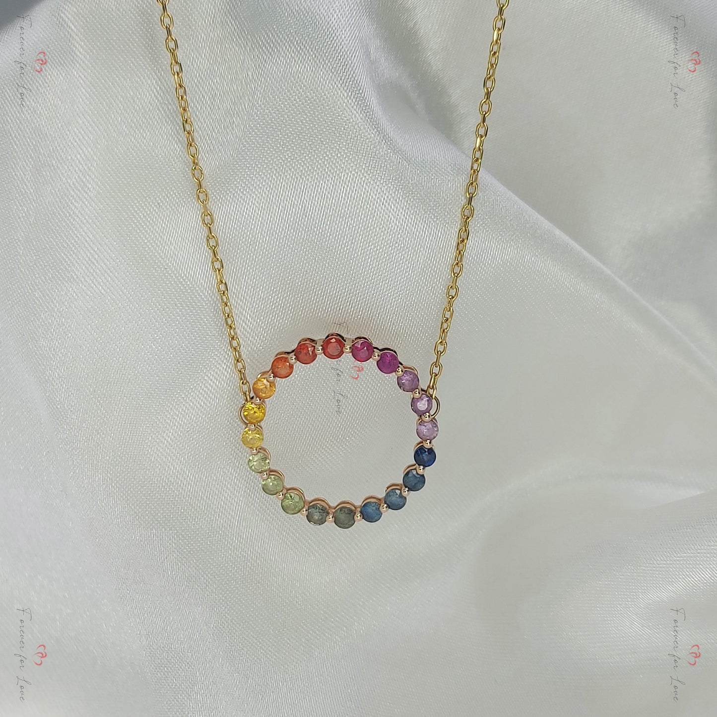 14k Rose Gold Pendant with Multi-Color Sapphires, Dainty Minimalist Sapphire Pendant,  Womens Necklace, Special Gift For Her. Moissanite engagement ring in Gold or Platinum — custom handcrafted by Forever For Love