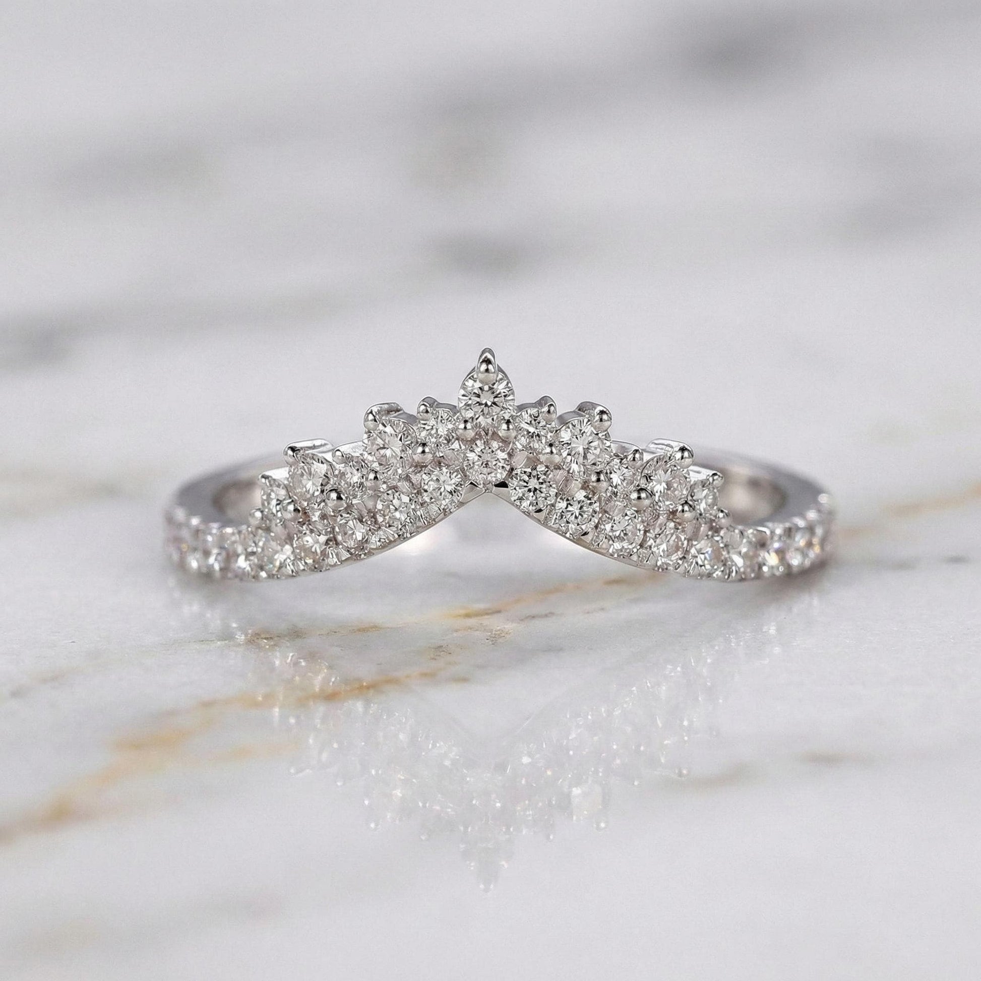 Round Diamond Tiara Wedding Band for Engagement Ring, V Shaped Chevron Band, Half Eternity Band, Lab Grown Diamond Matching Stackable Band