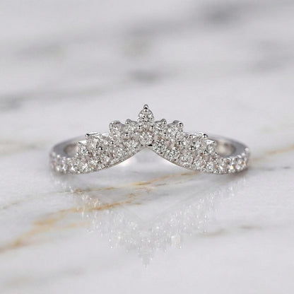 Round Diamond Tiara Wedding Band for Engagement Ring, V Shaped Chevron Band, Half Eternity Band, Lab Grown Diamond Matching Stackable Band