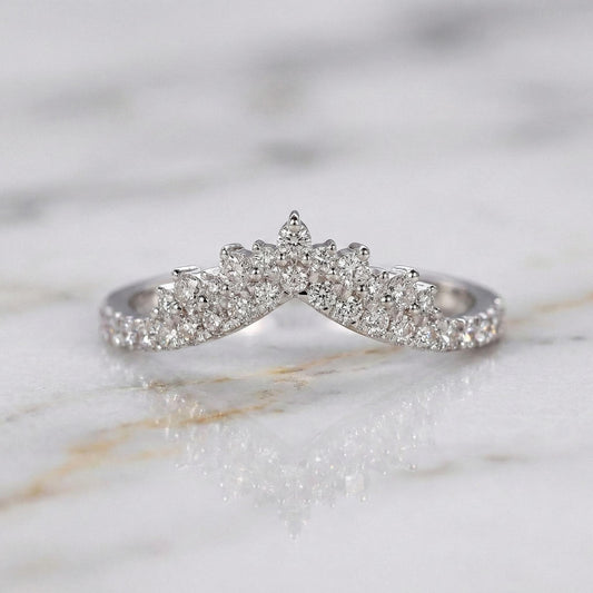 Round Diamond Tiara Wedding Band for Engagement Ring, V Shaped Chevron Band, Half Eternity Band, Lab Grown Diamond Matching Stackable Band
