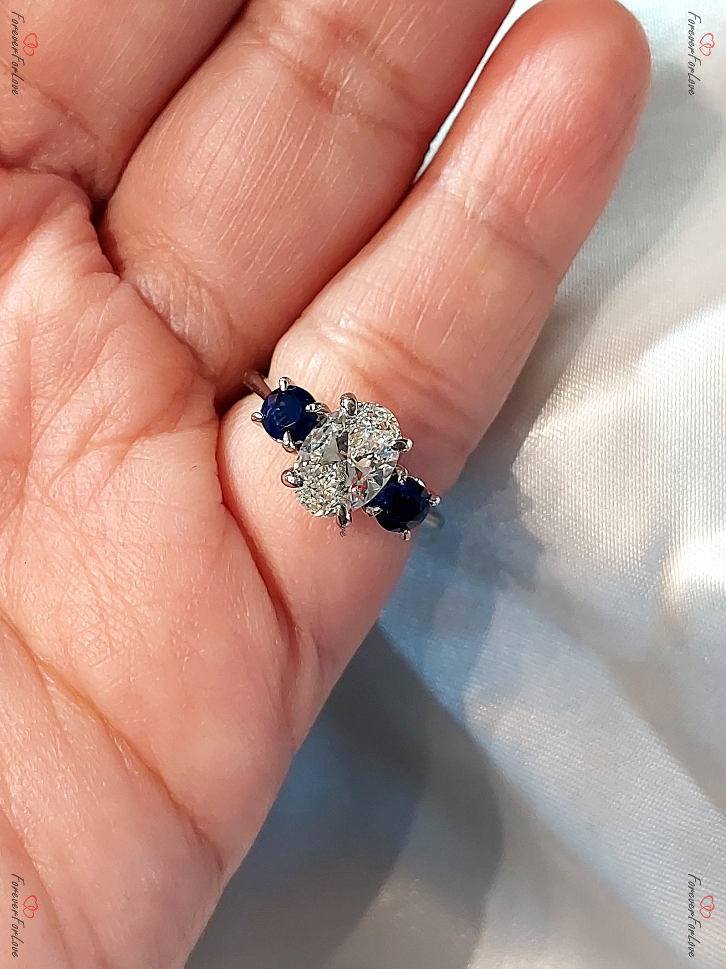 2 Ct Oval Sapphire & Diamond Engagement Ring Oval cut 1Ct Natural Sapphire engagement ring in 935 Argentium Silver — custom handcrafted by Forever For Love